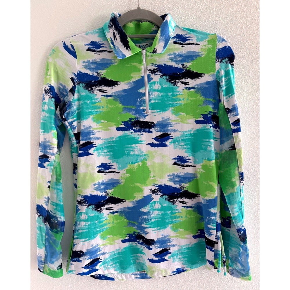 Ibkul Long Sleeve Womens Small Blue Green Solid Ruched Side Top Mesh UPF 50 Golf
